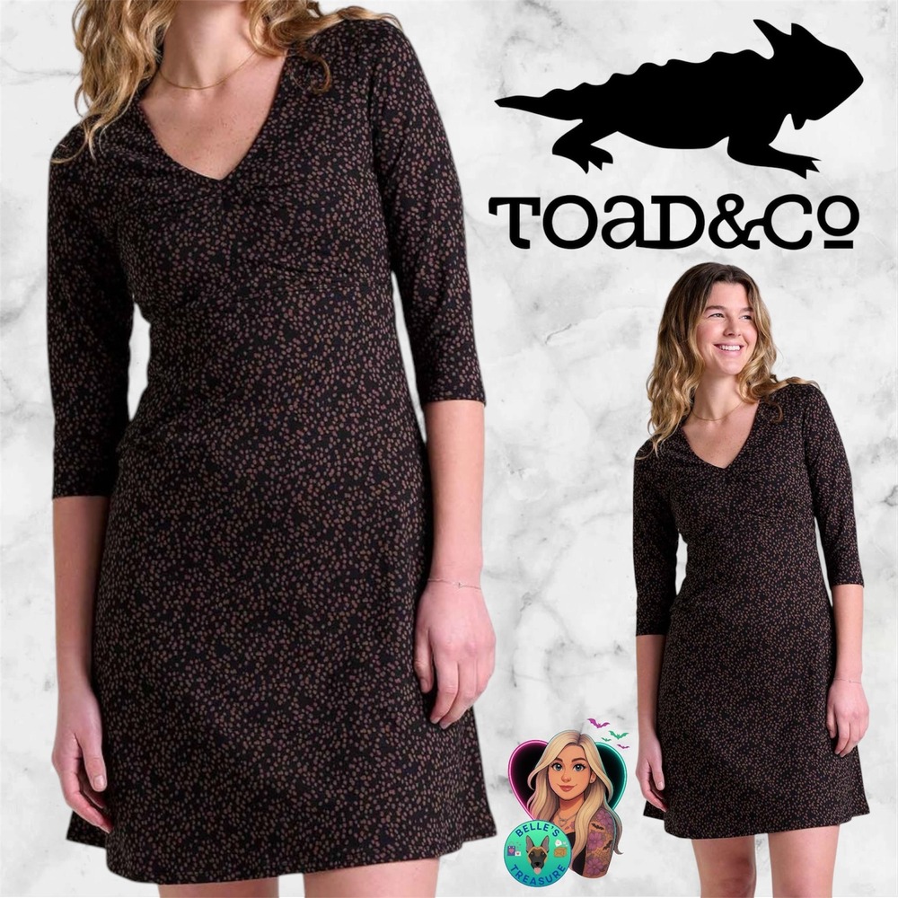 Toad&Co Women Small Roselinda Dress Midi Brown Dot Organic Cotton V-Neck Stretch